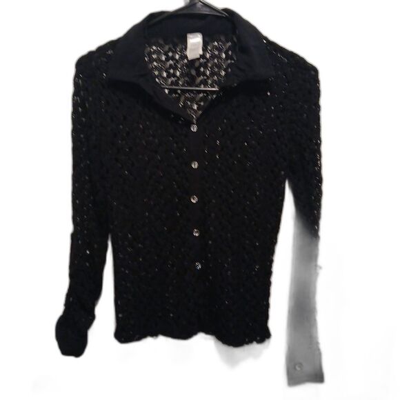 Black Lace Button-Up Blouse – Long Sleeve, Soft, Size Small – Romantic Look - Picture 2 of 9